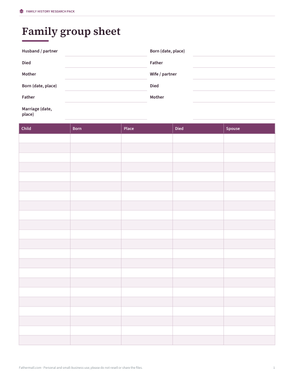 Preview of Printable Family Group Sheet